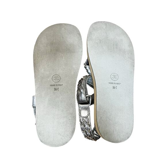 CHANEL | Shoes | Chanel Silver Metallic Lambskin Leather  CHANEL Silver Metallic Lambskin Leather Chain Flat Platform Sandals 5.5